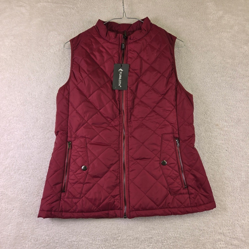 Fuinloth Womens Quilted Vest Burgundy Wine Red Diamond Puffer Size M New